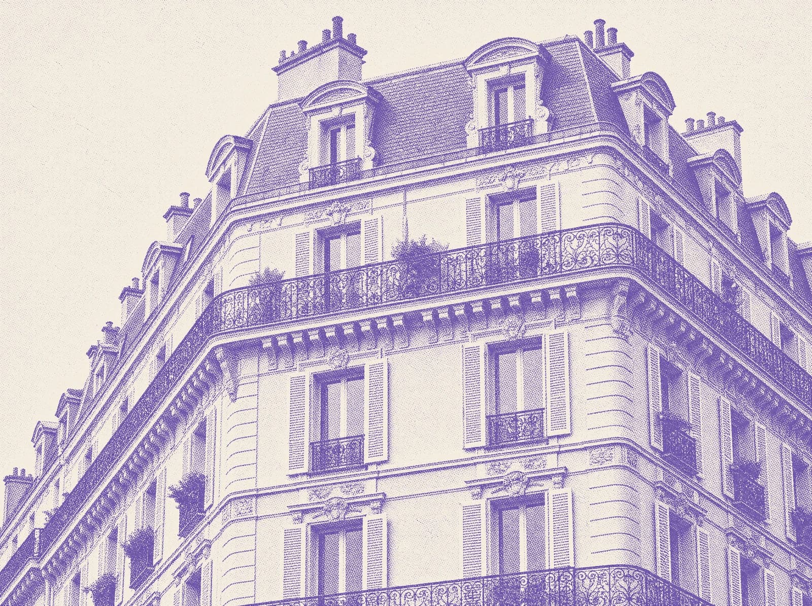 Façade d'un immeuble de rapport bruxellois, traitée en trame de demi-teinte.